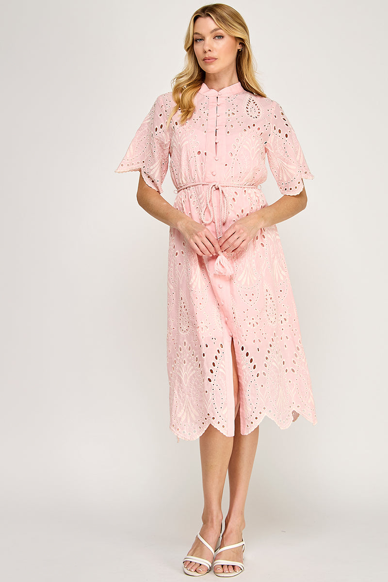 BUTTON DOWN EYELET MIDI DRESS