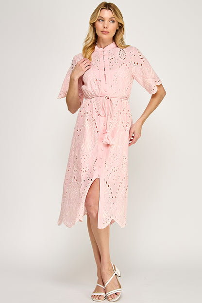 BUTTON DOWN EYELET MIDI DRESS