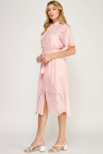 BUTTON DOWN EYELET MIDI DRESS