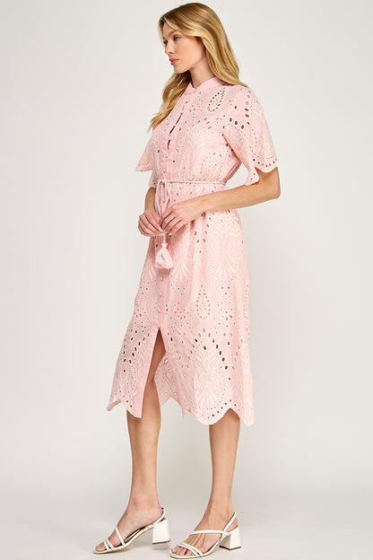 BUTTON DOWN EYELET MIDI DRESS