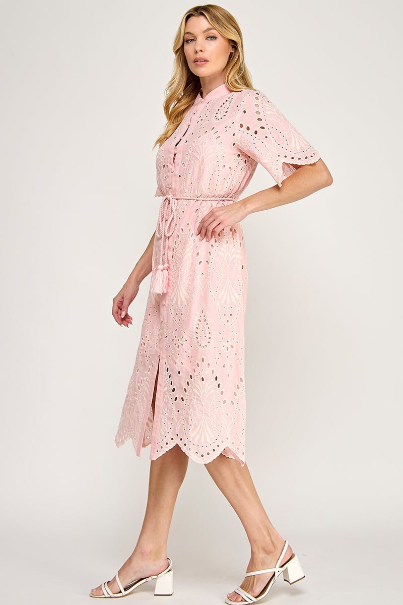 BUTTON DOWN EYELET MIDI DRESS