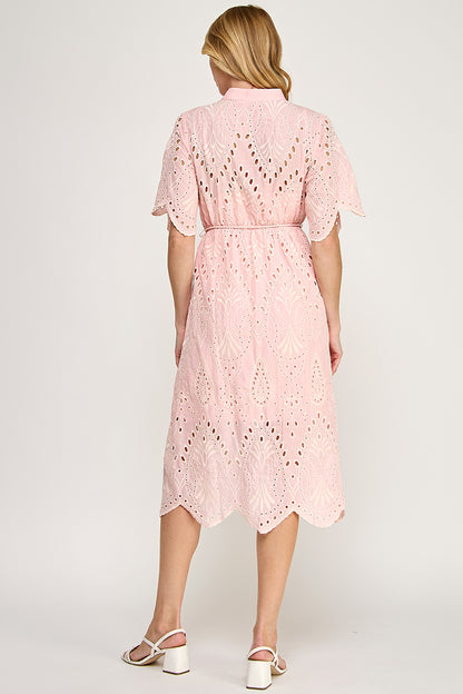 BUTTON DOWN EYELET MIDI DRESS