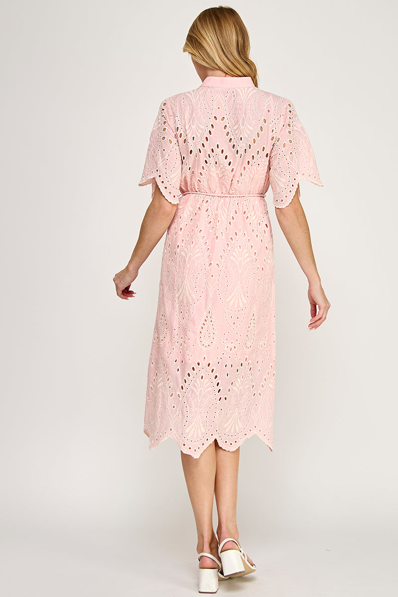 BUTTON DOWN EYELET MIDI DRESS