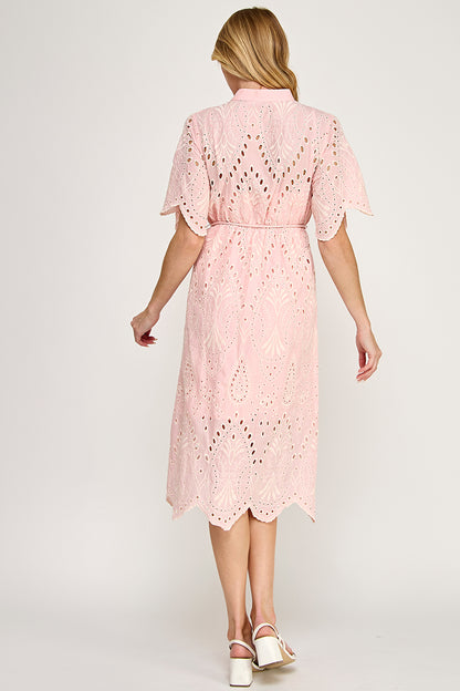 BUTTON DOWN EYELET MIDI DRESS
