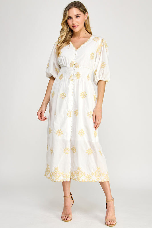 V-NECK EMBROIDERED MIDI DRESS