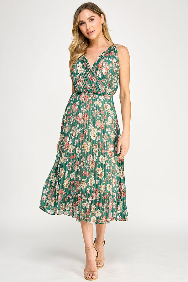 V-NECK PLEATED MIDI DRESS