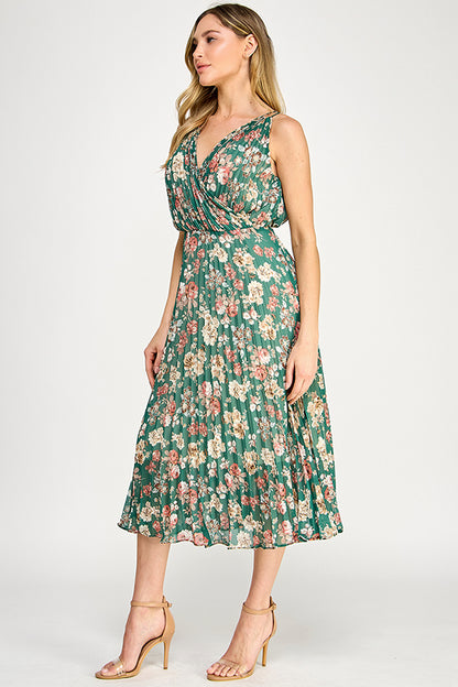 V-NECK PLEATED MIDI DRESS