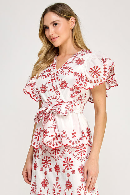 EMBROIDERED TOP WITH FRONT TIE