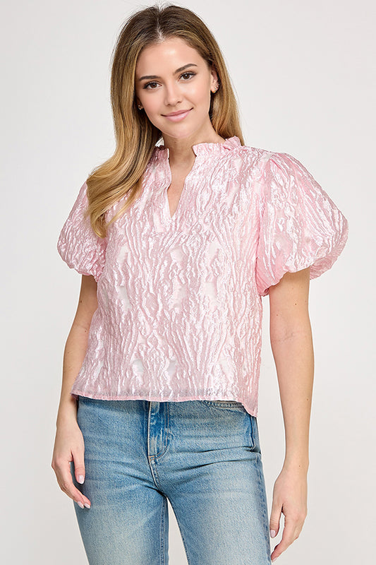 GOLD FOILED  V-NECK PUFF SLEEVE TOP