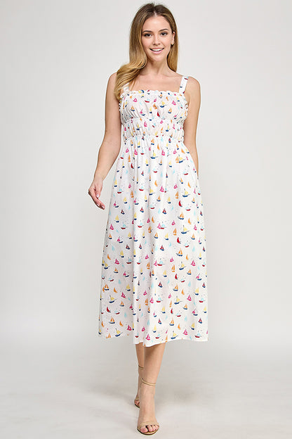 BOAT PRINT GATHERED MIDI DRESS