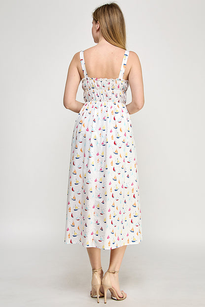 BOAT PRINT GATHERED MIDI DRESS
