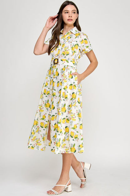 LEMON PRINT MIDI DRESS W/BELT